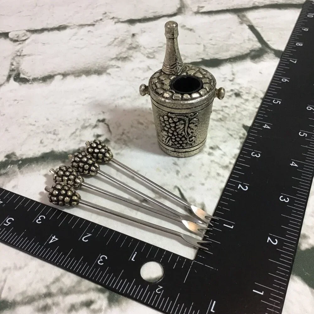 Vintage 1970’s Silver Plated Olive‎ Cocktail Fork Set Wine Bucket Grapes RARE
